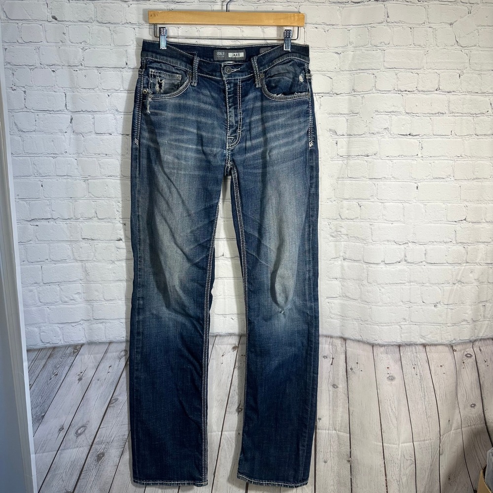 BKE Jake Straight Leg Jeans Mens 31x31 Medium Wash Distressed Thick Stitch Denim